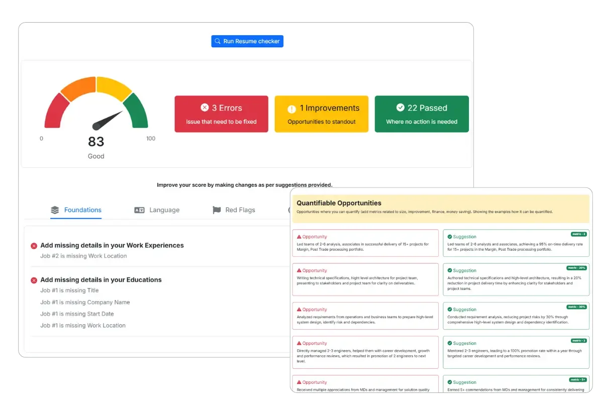 Screenshot of free resume checker results highlighting mistakes and opportunities for improvement